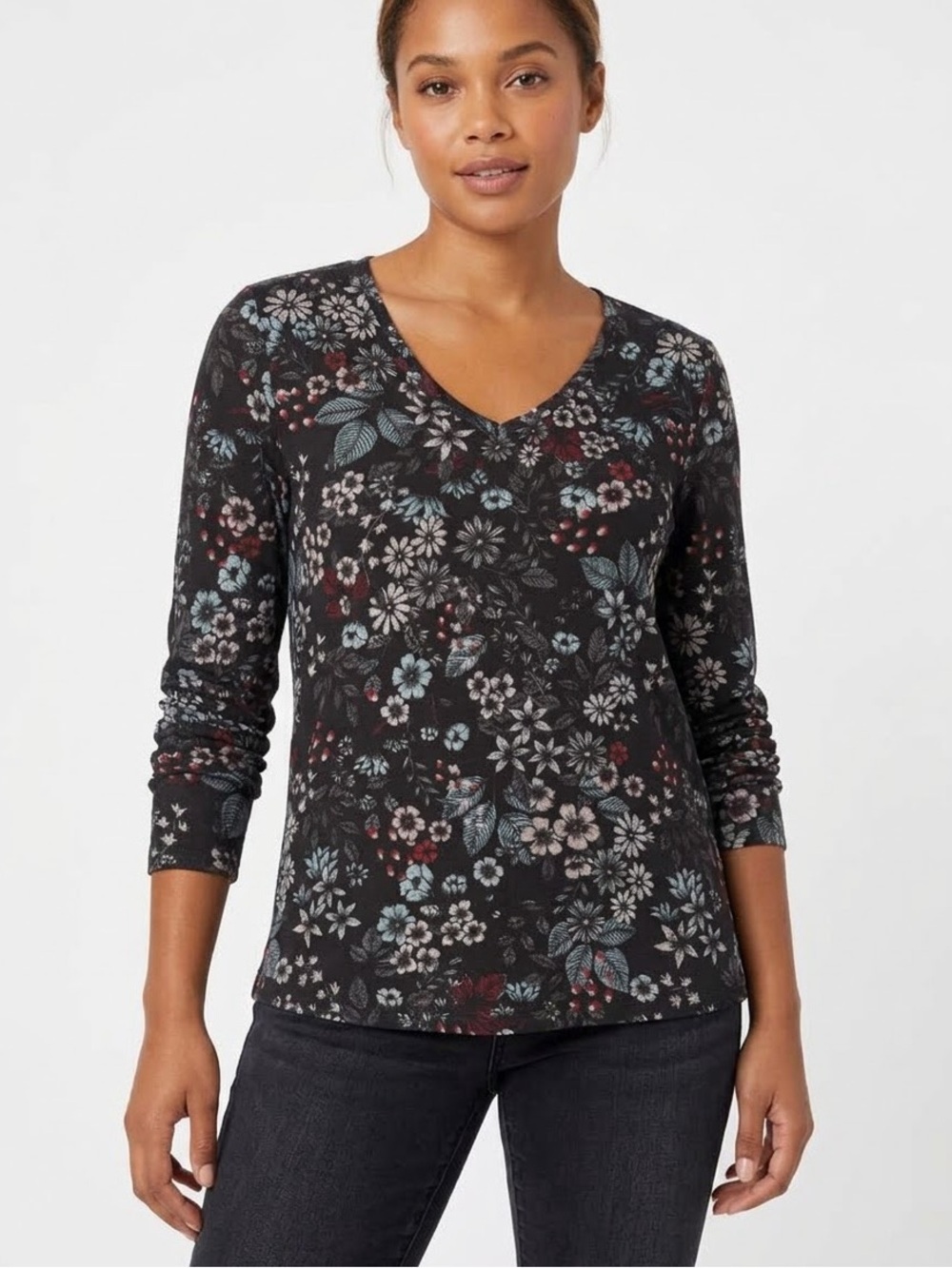 Lane Bryant Womens 14/16 V-Neck Long Sleeve Floral Print Knit Stretch Top